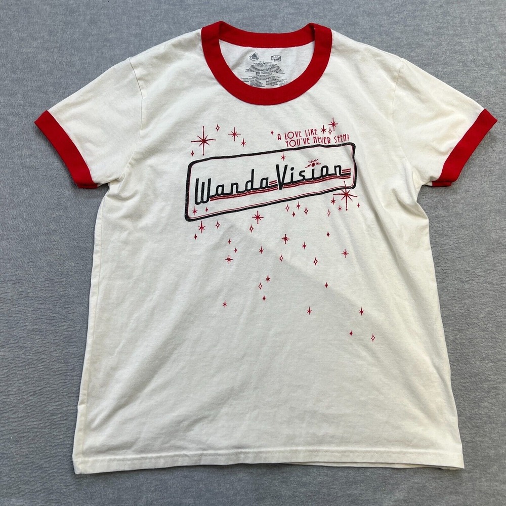 Marvel WandaVision Shirt Womens Large Cream Ringer Crewneck T-Shirt Retro Disney